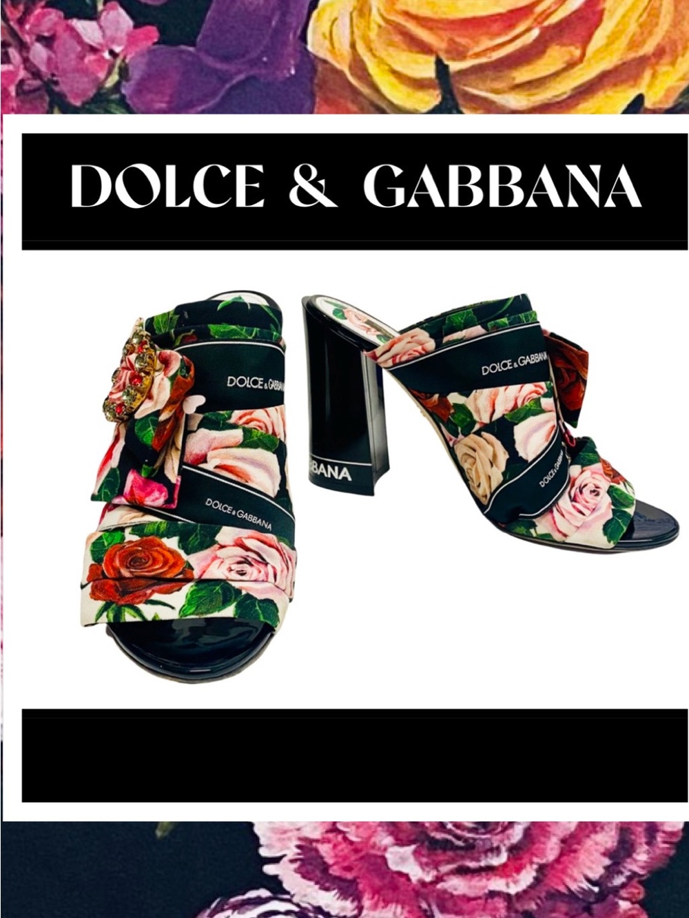 DOLCE & GABBANA Italy Floral Rhinestone Embellished Bow Slide Heel Shoe 9.5(8.5)